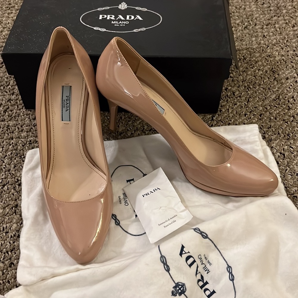 Prada Nude Patent Leather Pointed-Toe Pumps